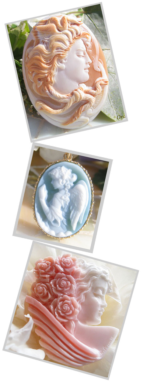 コルネリアン・カメオのメデューサ、ストーンカメオの大天使ガブリエルのペンダントトップ、コンクシェル・カメオの薔薇の髪飾りの女性