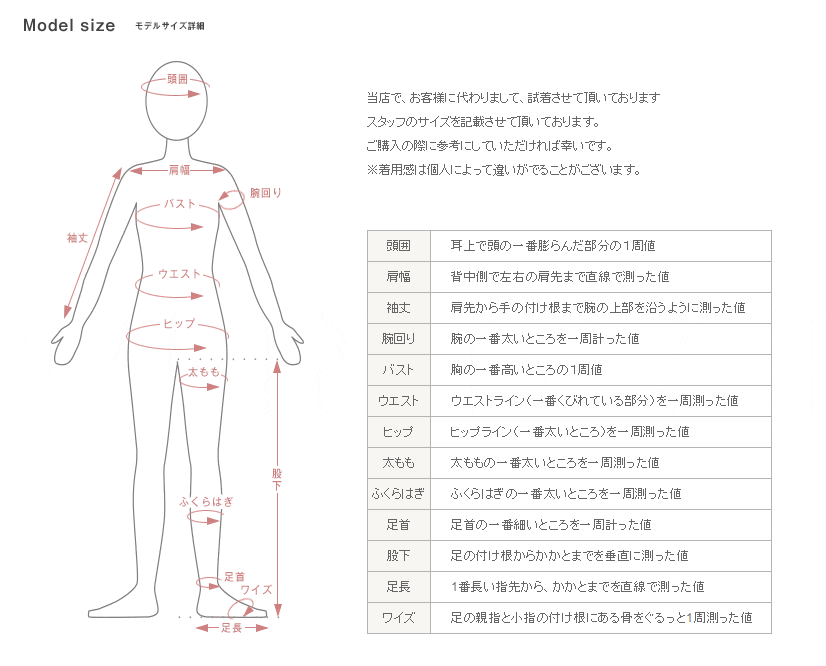モデルサイズ詳細｜ aranciato