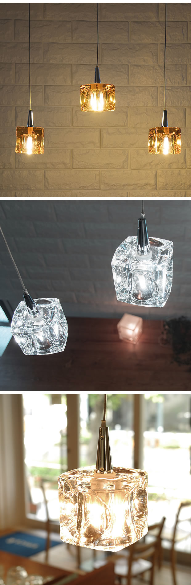 LED ガラス 北欧風 3灯 ペンダントライト cubic キュービック クリア 