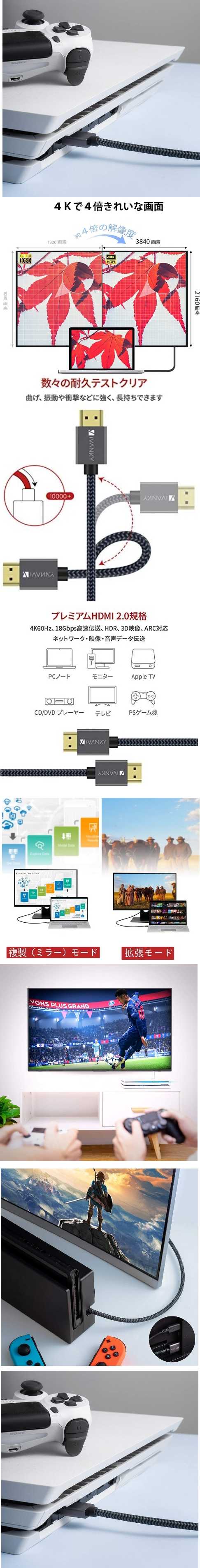 激安本物 HDMI ケーブル【4.5M/4K60Hz対応】iVANKY HDMI2.0規格 PS4/3，Xbox， Nintendo Switch，  Apple HDMIケーブル