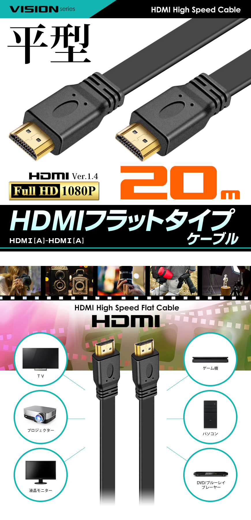 HDMIケーブル フラットケーブル 20m 超薄型 平型 ハイスピード Ver1.4 FullHD 3D フルハイビジョン 送料無料  :BB-HDMIFT200:BeeBraxs - 通販 - Yahoo!ショッピング