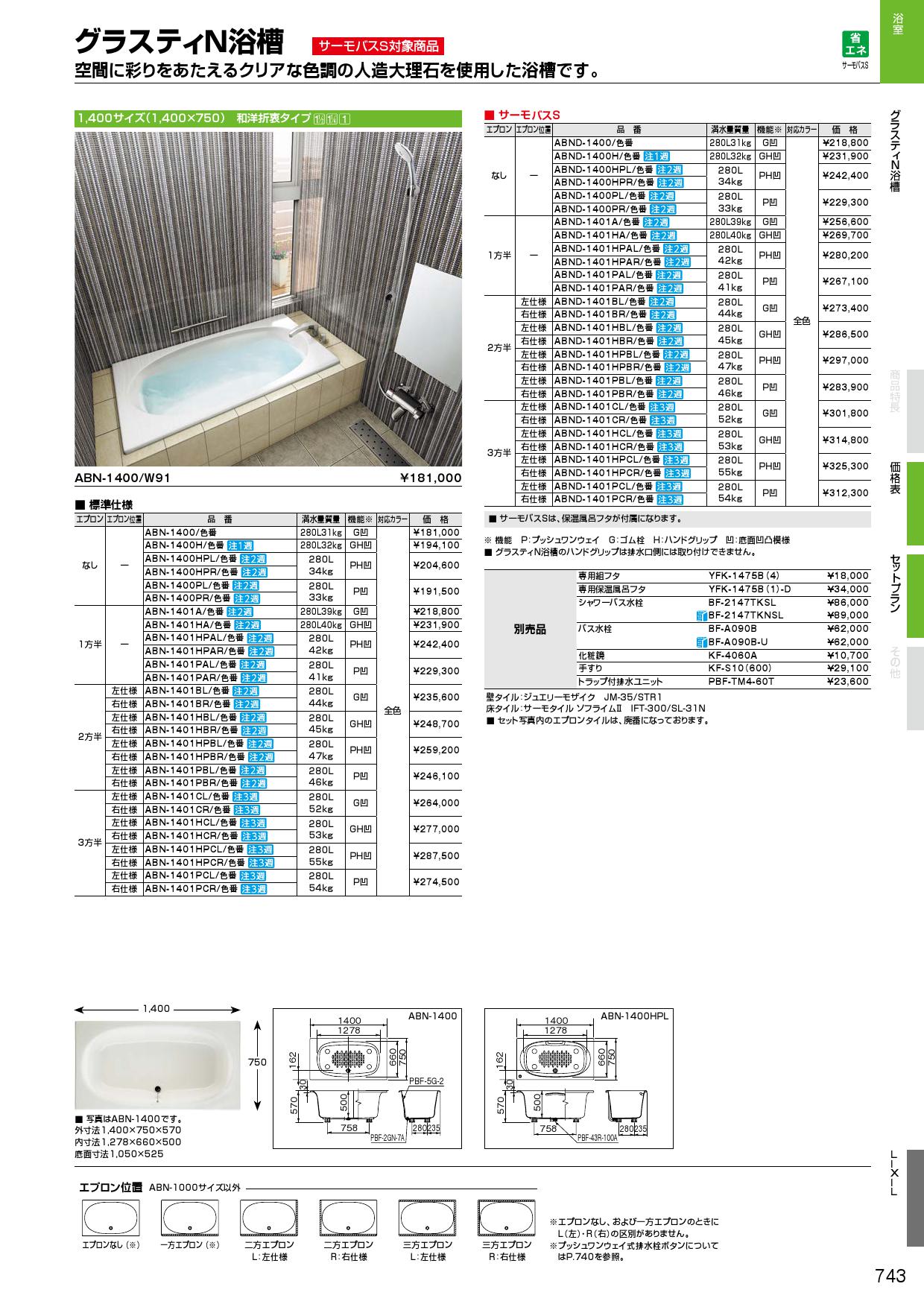ABN-1400HPR】 リクシル グラスティN浴槽(エプロン無) яз∠ abn-1400hpr アールホームマート !店  通販 