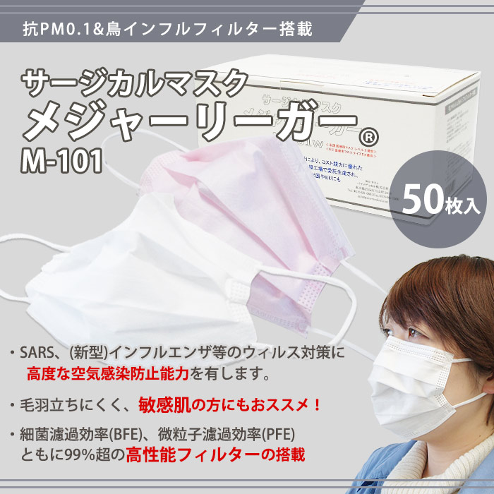 正規品 サージカルマスク 敏感肌対応 医療 メジャーリーガー ホワイト 50枚入 コロナ対策 M-101W レギュラーサイズ  5箱セット