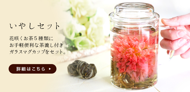 花咲くお茶5種類とガラスマグカップ いやしセット