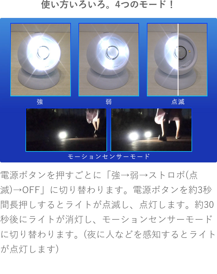 バイオニックライト 4個セット 人感センサー 光センサー 照明 防犯ライト LED 粘着式 コンパクト 明るい 暗い 夜間照明 工事不要 マグネット式  ダイレクトテレショップ - 通販 - PayPayモール