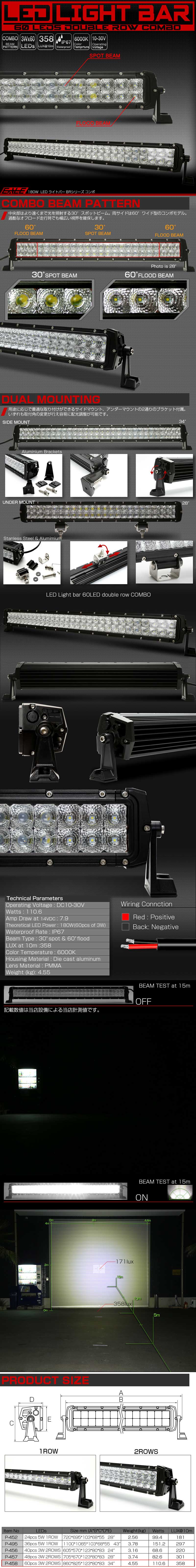 LED ライトバー ワークライト 作業灯 180W 12V 24V 防水 IP67 P-465 - 3
