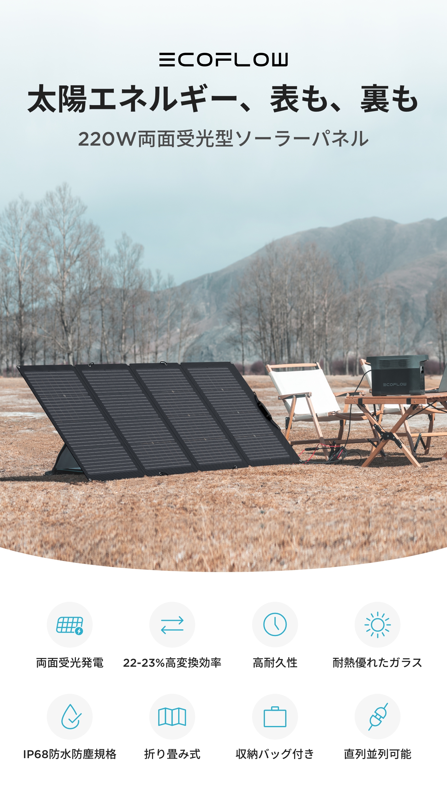 EcoFlowエコフローソーラーパネル220W両面受光型ソーラー充電器太陽光発電