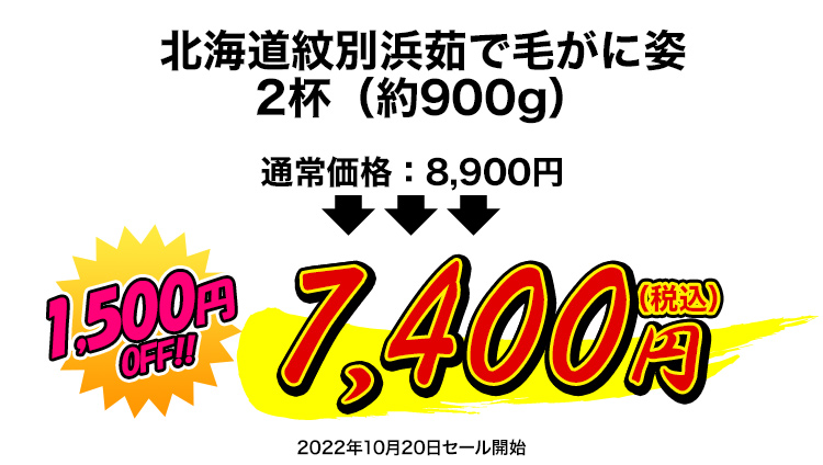 北海道紋別浜茹で 毛がに姿 2杯（約900g） 7,400円