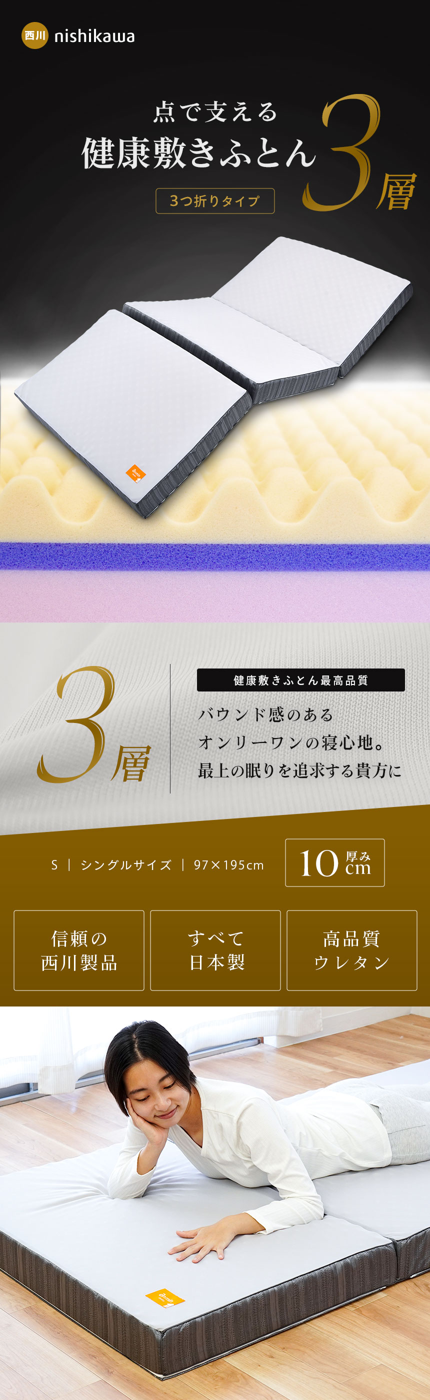 西川の健康敷きふとん 日本製三つ折りマットレス 税込み77000円ベッド