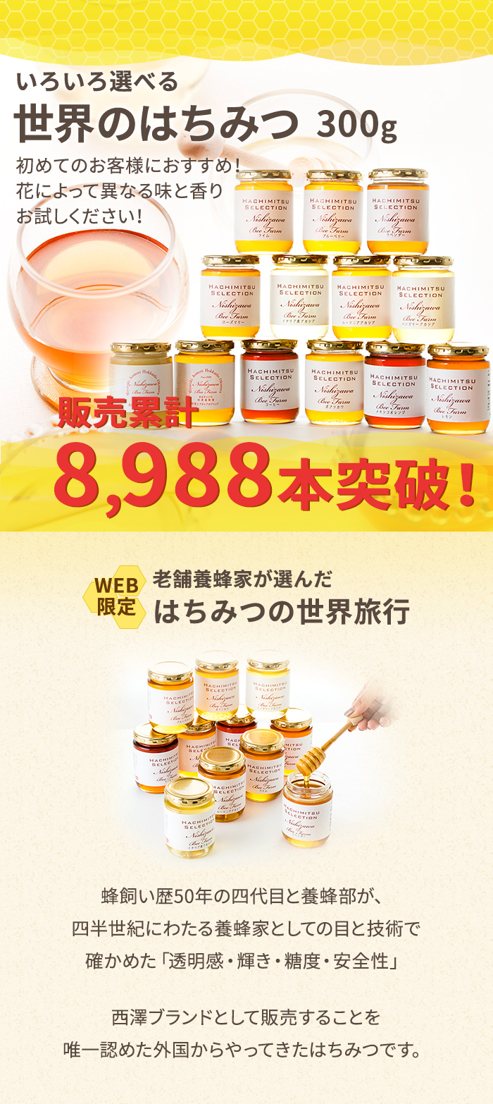 はちみつ ハチミツ 蜂蜜 いろいろ選べる世界のはちみつ300g×6本 ダンボール箱入り ラッピング不可 :K-34:はちみつガーデン 西澤養蜂場 -  通販 - Yahoo!ショッピング