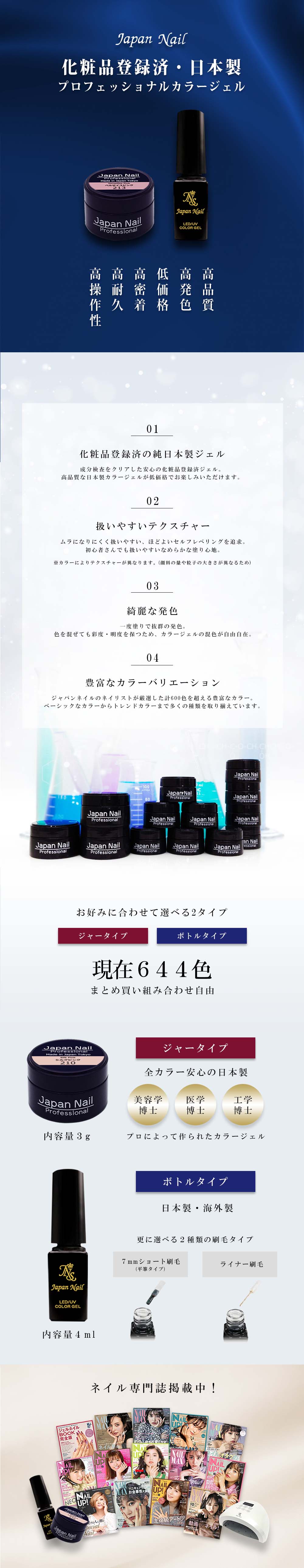 安心の日本製カラージェル ジャータイプ ボトルタイプ 現在644色 LEDUV対応 化粧品登録済 | ジェルネイル,カラージェル | ジェルネイル 通販のジャパンネイル公式サイト