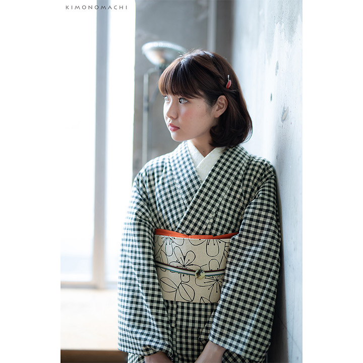 05黒チェック：KIMONOMACHI オリジナル 木綿着物と木綿名古屋帯の2点セット