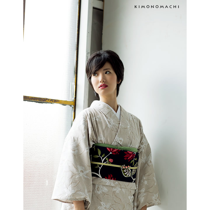 08ベージュ花：KIMONOMACHI オリジナル 木綿着物と木綿名古屋帯の2点セット