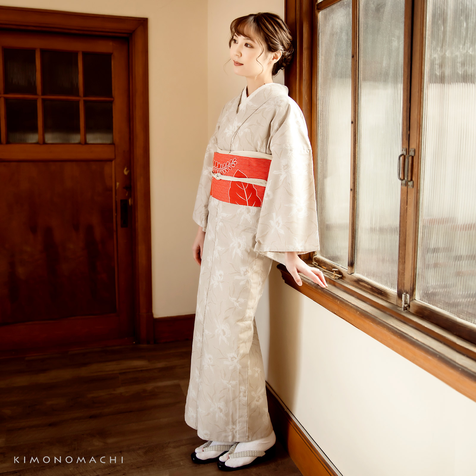 Dベージュ花：KIMONOMACHI オリジナル 木綿着物と京袋帯の2点セット