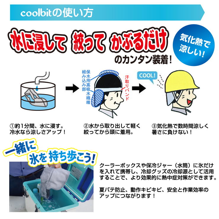 coolbitの使い方,水に絞ってかぶるだけのカンタン装着！,気化熱で涼しい！,約1分間、水に浸す。冷水なら涼しさアップ！,水から取り出して軽く絞ってから頭に着用。,気化熱で数時間涼しく暑さに負けない！,クーラーボックスや保冷ジャー（水筒）に氷だけを入れて携帯し、冷却グッズの冷却源として活用することで、より効果的に熱中症対策ができます。,夏バテ防止、動作キビキビ、安全と作業効率のアップにつながります！