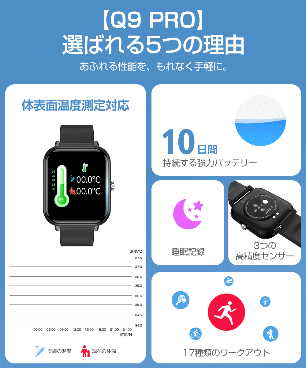 スマートウォッチ メンズ 腕時計 日本製センサー 1.7インチ大画面 24H健康管理 血圧測定 体温監視 着信通知 歩数 睡眠 心拍数 防水  スマートブレスレット : q9pro : KuKuYa - 通販 - Yahoo!ショッピング