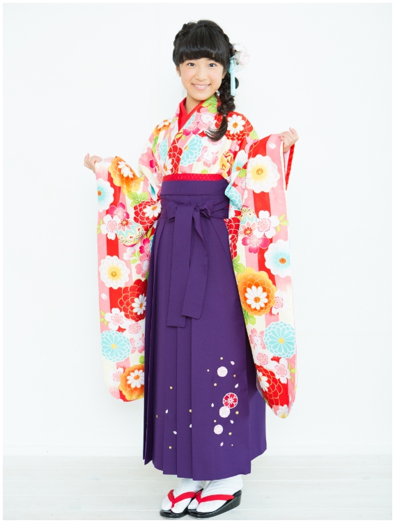 女の子 袴セット 縞に桜万寿菊と鞠(赤 袴：紫)