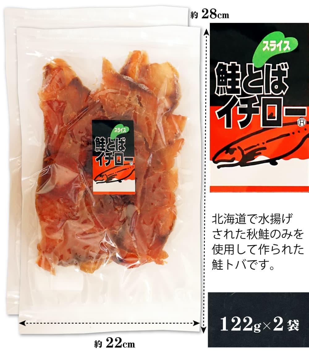 鮭とばイチロー　食べやすい　珍味　北海道産　ソフト　鮭トバ　スライス　マルユウ漁業部　122g×2袋　骨なし　tobaichiro-2　函館　通販　おつまみ　皮なし
