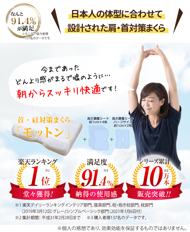 【楽天1位獲得】日本人の体型に合わせて設計された肩こり、首こり、ストレートネック対策枕「高反発まくらモットン」