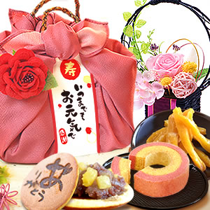 
敬老の日 2023　花籠プリザ【ピンク】+籠バックお菓子
