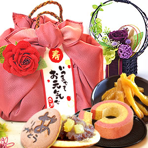 
敬老の日 2023　花籠プリザ【紫】+籠バックお菓子
