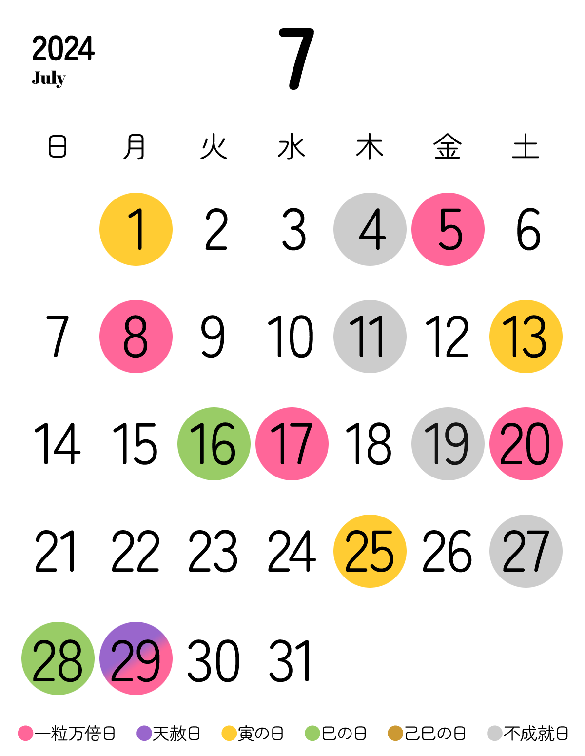 2024年7月の開運カレンダー