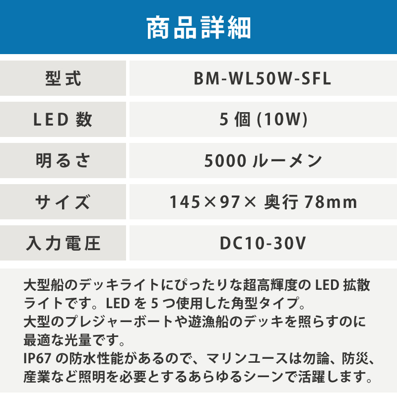 LED ライト BMO 防水スプレッダー 拡散 LEDライト BM-WL50W-SFL 5000ルーメン サーチライト ビーエムオージャパン  38389 ユニマットマリン 通販 