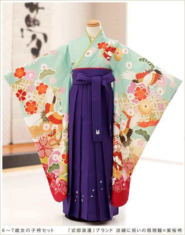 「式部浪漫」ブランド 淡緑に祝いの飛翔鶴×紫桜袴