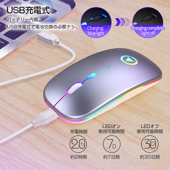 ワイヤレスマウス 2.4GHz 七色変化 USBレシーバー 接続 光学式 無線 