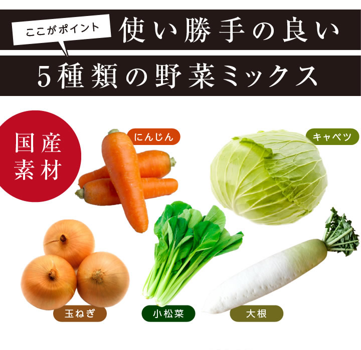 使い勝手の良い5種類の野菜ミックス。国産素材。にんじん、キャベツ、玉ねぎ、小松菜、大根