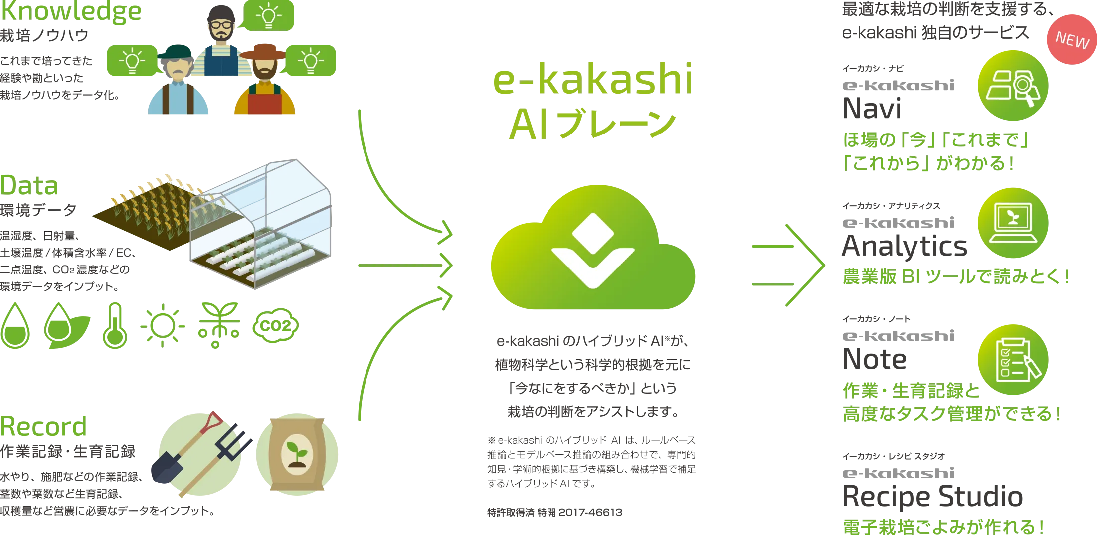 e-kakashi AI ブレーン　e-kakashiのハイブリッドAIが、植物科学という科学的根拠を元に「今なにをするべきか」という栽培の判断をアシストします。