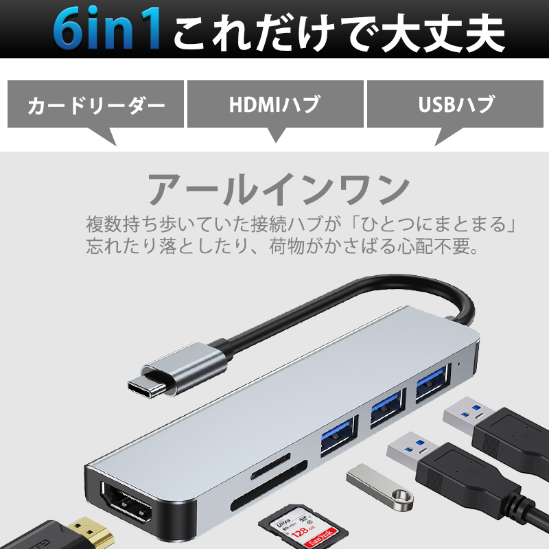 USBハブ ドッキングステーション USB 3.0 ハブ 6ポート HDMI SD/TF