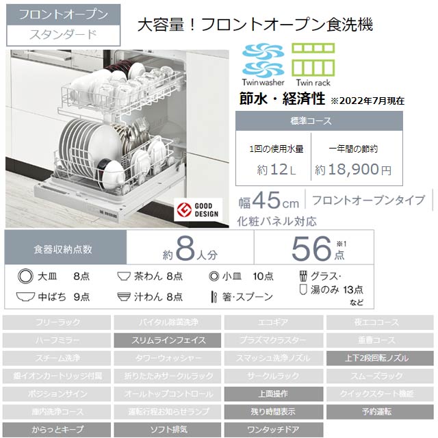RSW-405AAシリーズ 食器洗い乾燥機 ミドルタイプ（浅型） リンナイ RSW-405AA-B ドアパネルタイプ ブラック 通販 
