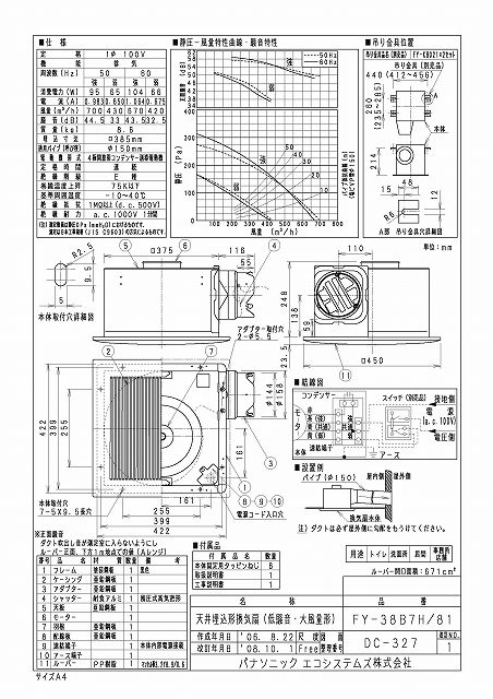 Panasonic (パナソニック) 天井埋込形換気扇 ルーバー別売タイプ FY-38L81 通販