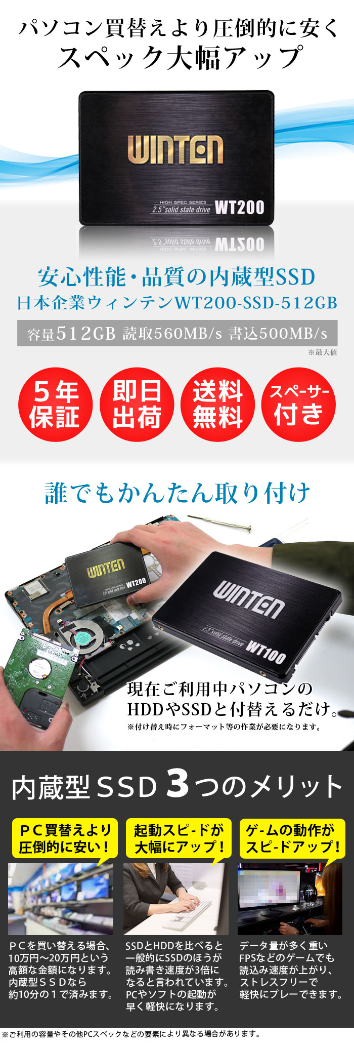 WINTEN (ウィンテン) 内臓SSD Solid State Drive 内蔵SSD 512GB【5年