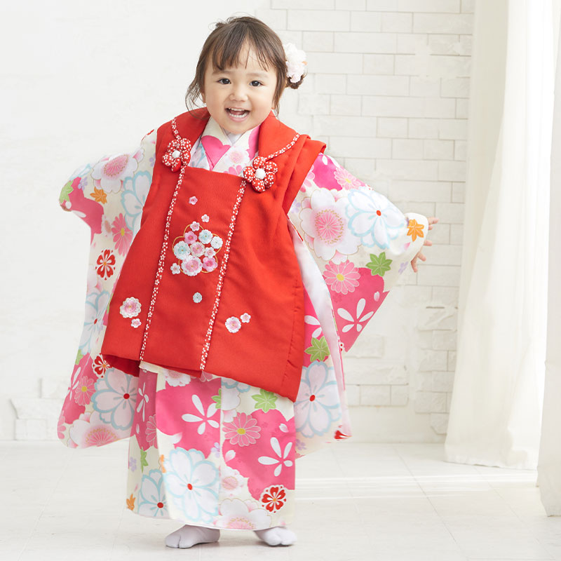 753 七五三 着物レンタル 3歳 女の子 フルセット 被布 クリーム桜×赤桜 