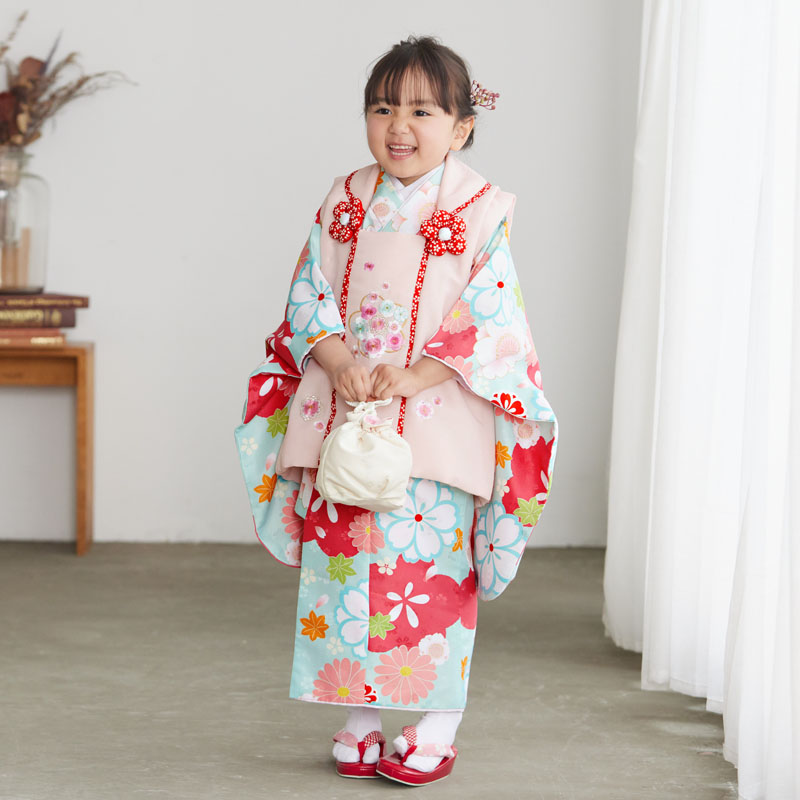 57cm裄女の子 七五三 3歳 被布 着物 フルセット 矢絣 毬 桜 青 水色 D4